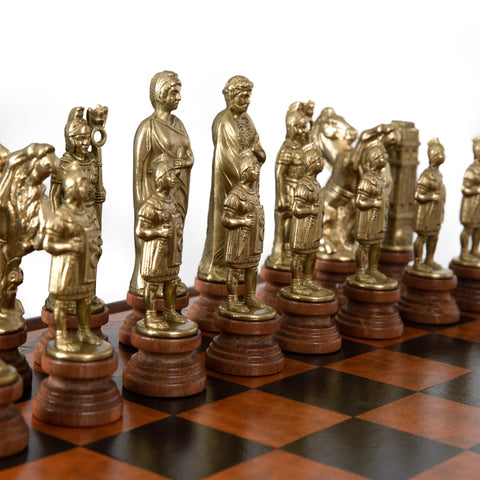 Wooden Chess Table with Leatherlike Top and Beautiful Chess Set