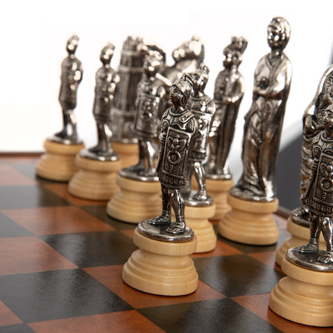 Wooden Chess Table with Leatherlike Top and Beautiful Chess Set