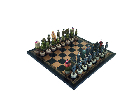 WORLD WAR II: Handpainted Chess Set with Leatherlike Chess Board