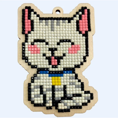 Cat Diamond Mosaic Kit on Wooden Base, DIY Craft for Kids and Adults, Acrylic Rhinestones, Table Stand or Magnet, Wizardi Wood