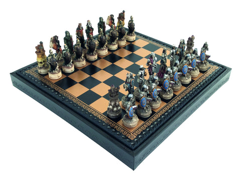 ZOMBIE SET: Handpainted Chess with Leatherette Chessboard & Box + Checker Set