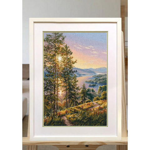 Cross Stitch Embroidery Kit, Gentle Dawn Landscape, Cotton Aida, Pastel Pink Peach Blue, Oven, Beginner to Advanced, Pattern Included