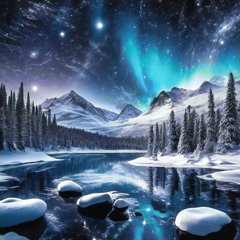 Aurora Borealis Diamond Painting Kit, 40 x 40 cm, Night Landscape, Wizardi Resin Drills, Canvas and Tools
