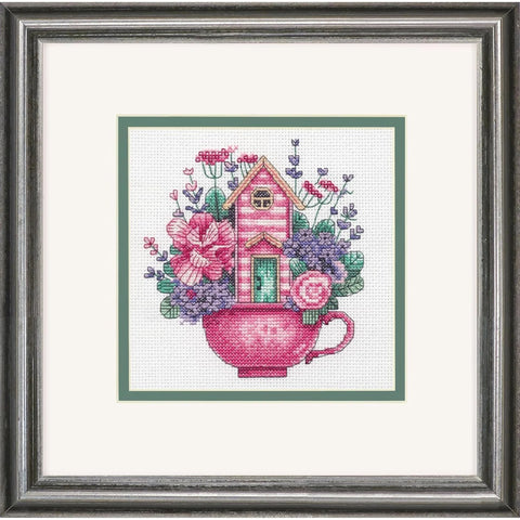 Dimensions Teacup House Cross Stitch Kit with Canvas, Cotton Threads, Needle, Chart and Instructions for Home Decor
