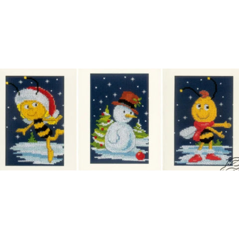 Vervaco Cross Stitch Kit Maya and Willy Winter Snow Theme, 3 Designs with Fabric, Threads, Needle and Patterns
