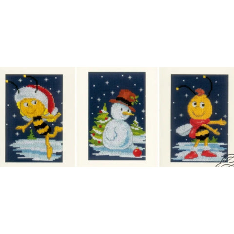 Vervaco Cross Stitch Kit Maya and Willy Winter Snow Theme, 3 Designs with Fabric, Threads, Needle and Patterns