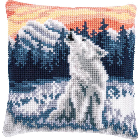 Vervaco Cross Stitch Pillow Front Kit, Winter Wolf in Snowy Landscape, Canvas, Threads, Needle, Chart & Instructions