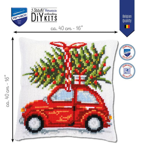 Christmas Car Cross Stitch Cushion Cover Kit, Vervaco Printed Canvas, 40x40 cm, Cotton Threads, Embroidery Kit with Pattern and Needle