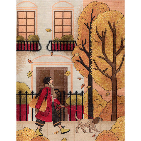 Autumn Walk Cross Stitch Kit with Color-Coded Chart, PANNA Embroidery Set with Cotton Threads, Canvas and Needle